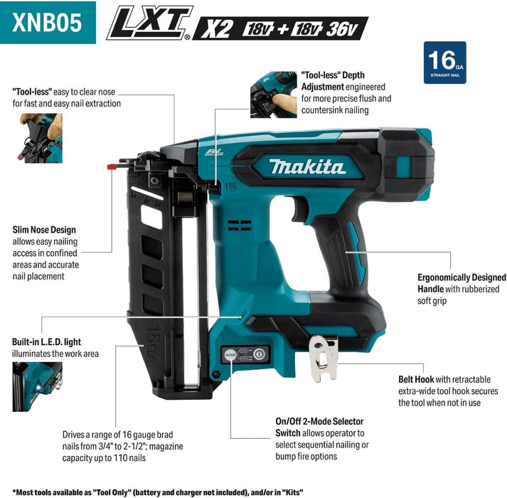 Makita XNB05Z 18V LXT Lithium-Ion Brushless Cordless 2-1/2" Straight Finish Nailer, 16 Ga. (Tool Only)