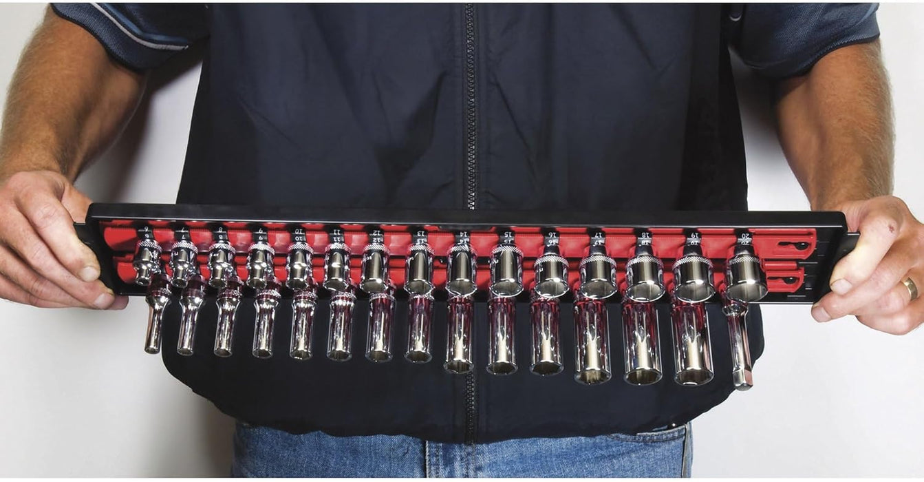 Heavy Duty Socket Organizer with Tray - Ernst Manufacturing 19-Inch Socket Boss 2-Row, 1/4-Inch-Drive Twist Lock Socket Holder, SAE, METRIC, Red (8452) - Automotive Industry - Made in USA 19-INCH 1/4" Red
