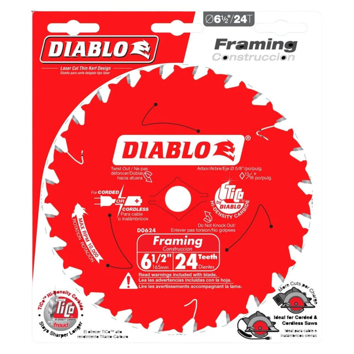 Diablo D0624X 6-1/2-Inch 24-Tooth ATB Framing Saw Blade with 5/8-Inch Arbor