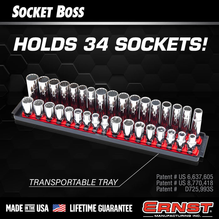 Ernst Manufacturing 8463HV Socket Boss, Premium 2-Rail, 1/2-Inch-Drive Socket Organizer, 18-Inch, High-Visibility