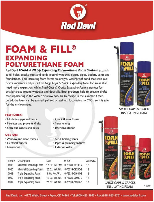 Red Devil 0920 Spray Foam & Fill Small Gaps & Cracks Expanding Insulation, Polyurethane Sealant, 20 oz, Off-White, Pack of 1 20 oz Pack of 1