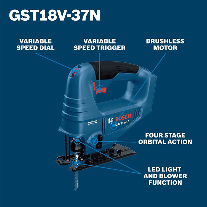 BOSCH GST18V-37N 18V Brushless Top-Handle Jig Saw - Powerful, Compact, 3.7" Cutting Depth, 3300 SPM, 4 Orbital Settings, Variable Speed Dial, LED Light, Tool-Free Blade Change (Bare Tool)