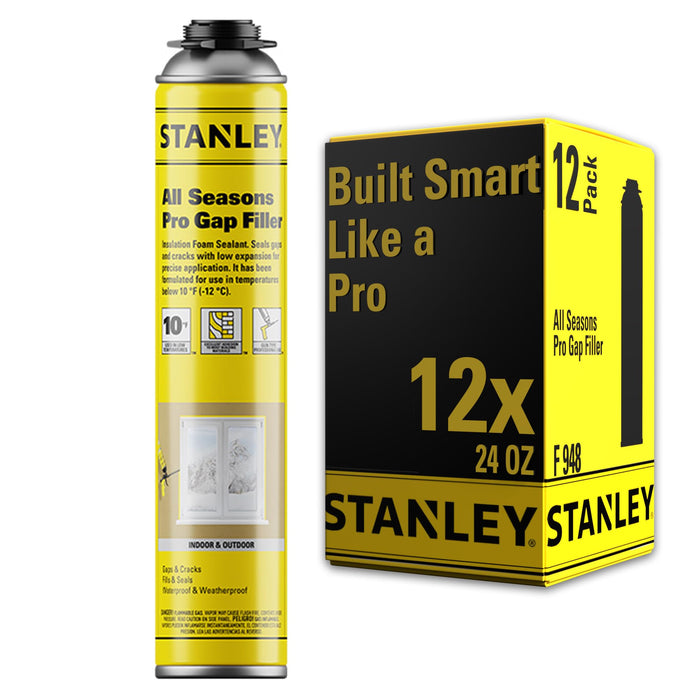 STANLEY All Season Pro Gap Filler - Window & Door Filler in 10F˚, Expanding Polyurethane Sealant for Gaps & Cracks - Gun Use, Gun NOT Included - 24 Oz, All Season Pro (Pack of 12)