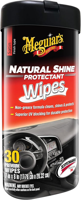Meguiar's Natural Shine Protectant Wipes - 30 Full Size Car Care Wipes Clean and Protect Vinyl, Rubber, and Plastic Surfaces - Streak-Free Wipes with UV Protection and Leave a Satin, Non-Greasy Shine