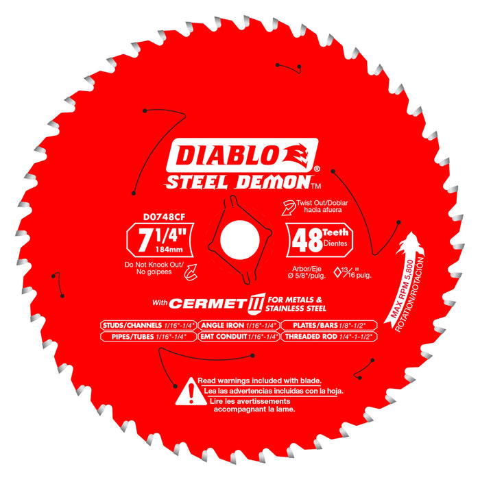 Diablo D0748CFA Steel Demon Cermet II Saw Blade with Triple Chip Grind and Perma-Shield Coating, Ideal for Medium Metal Cutting, 7-1/4" Diameter, 48 TCG Teeth