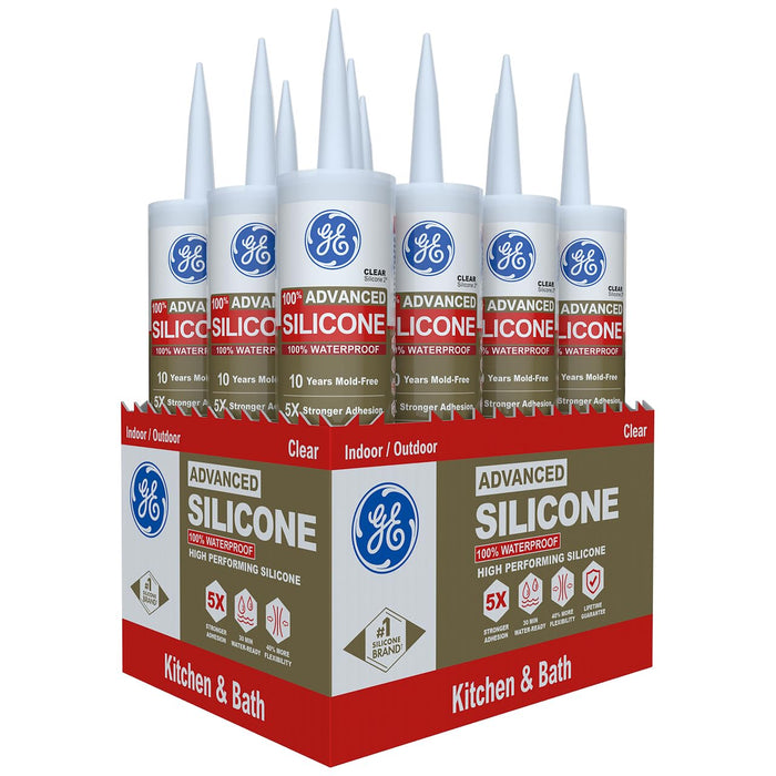 GE Advanced Silicone Caulk for Kitchen & Bathroom, Clear, 10 fl oz Cartridge, 100% Waterproof Silicone Sealant, 5X Stronger Adhesion, Shrink & Crack Proof (Pack of 12)
