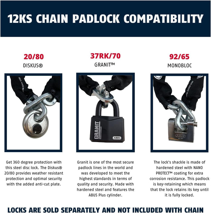 ABUS Hardened Steel 12KS 2 Foot 1/2" Thick Square Security Chain for Bikes, Containers, Trailers, ATV's, Motorcycles and Personal/Industrial Property