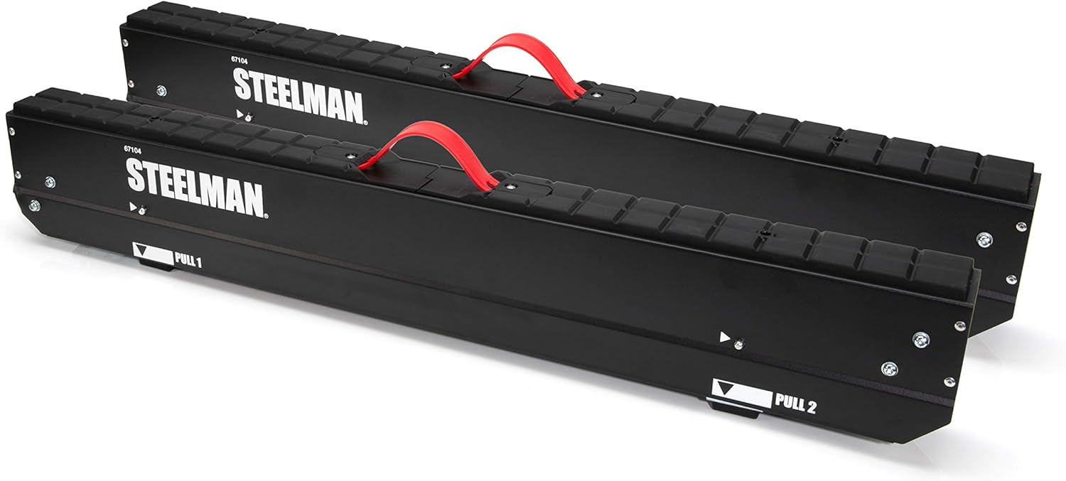 Steelman 67104 Adjustable Height Work Table Folding Sawhorses, Durable Steel Construction, Folding Legs, 2x4 Table Support Arms, 2,600 lb. Combined Loading Capacity (Set of Two)