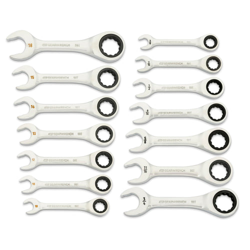 GEARWRENCH 86859 14 Piece 90-Tooth 12 Point Stubby Combination Ratcheting Wrench Set, SAE & Metric, 3/8" to 3/4" & 10mm to 18mm