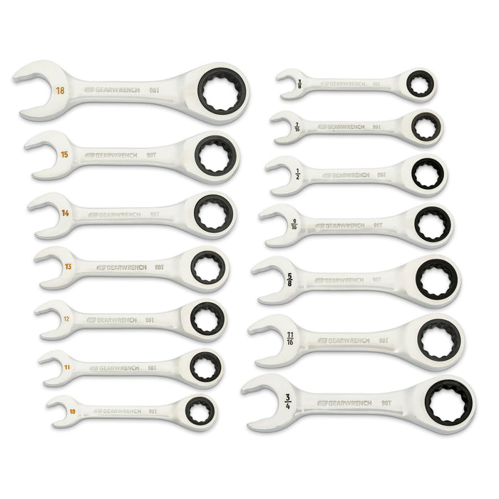 GEARWRENCH 86859 14 Piece 90-Tooth 12 Point Stubby Combination Ratcheting Wrench Set, SAE & Metric, 3/8" to 3/4" & 10mm to 18mm