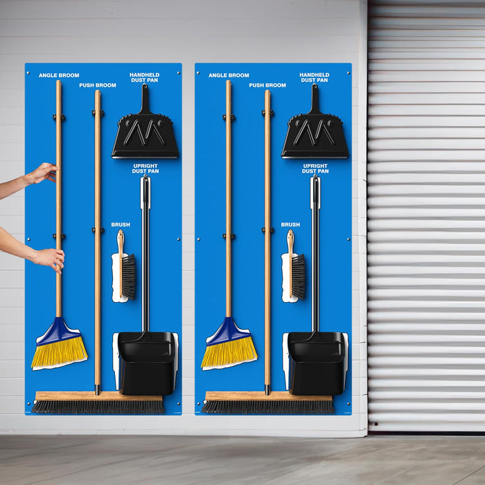 Clean & Sweep PSB116BUWT 5S Shadow Board/Wall Mount Broom Holder, 68" x 30" Board, 5S Cleaning Station with Broom and Dustpan Set Included, Blue/White