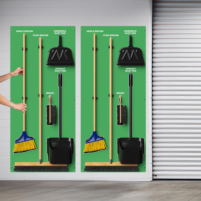Clean & Sweep PSG116GNBK 5S Shadow Board/Wall Mount Broom Holder, 68" x 30" Board, 5S Cleaning Station - with Broom and Dustpan Set Included, Made in The USA by AccuformNMC, Green/Black