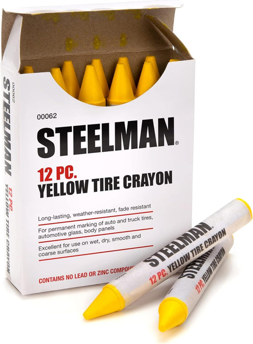 Steelman 00062 Yellow Tire Marking Crayons for Mechanics, Marks Damage on Wet and Dry Tires (Pack of 12)