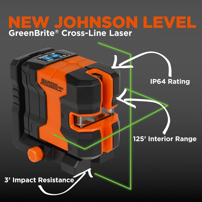 Johnson Level & Tool JLN300-GNCL Laser Level, Self-Leveling Cross-Line Laser with GreenBrite Technology, Magnetic Base, Hard-Shell Carry Case, Lithium Ion Battery