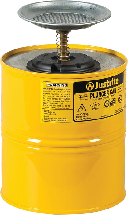 Justrite Plunger Can for Solvents, 1 Gallon Capacity, 10.5" x 7.25" Steel Push-Down Solvent Dispenser Can, Yellow - 10318