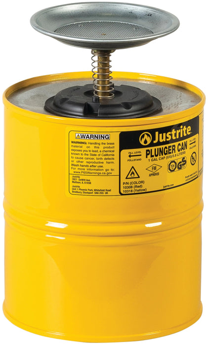 Justrite Plunger Can for Solvents, 1 Gallon Capacity, 10.5" x 7.25" Steel Push-Down Solvent Dispenser Can, Yellow - 10318