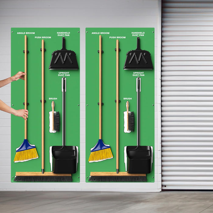 Clean & Sweep 5S Shadow Board/Wall Mount Broom Holder, 68" x 30" Board, 5S Cleaning Station - with Broom and Dustpan Set Included, PSB116GNWT Green/White Accu-Shield