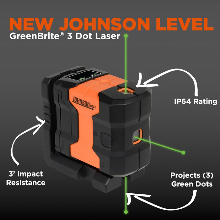 Johnson JDT300-GN3D Laser Level, Self-Leveling Kit 3 Dot Laser with GreenBrite Technology, Magnetic Base, Hard-shell Carry Case, Floor Mount