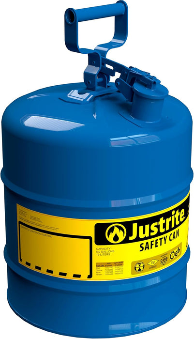 Justrite 5 Gallon Type I Blue Safety Can for Kerosene with Flame Arrester and Self-Closing Lid, Made in the USA, Galvanized Steel Flammable Storage Can, 7150300