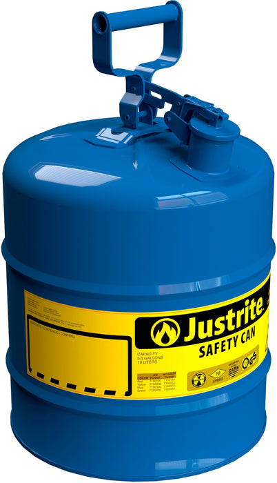 Justrite 5 Gallon Type I Blue Safety Can for Kerosene with Flame Arrester and Self-Closing Lid, Made in the USA, Galvanized Steel Flammable Storage Can, 7150300