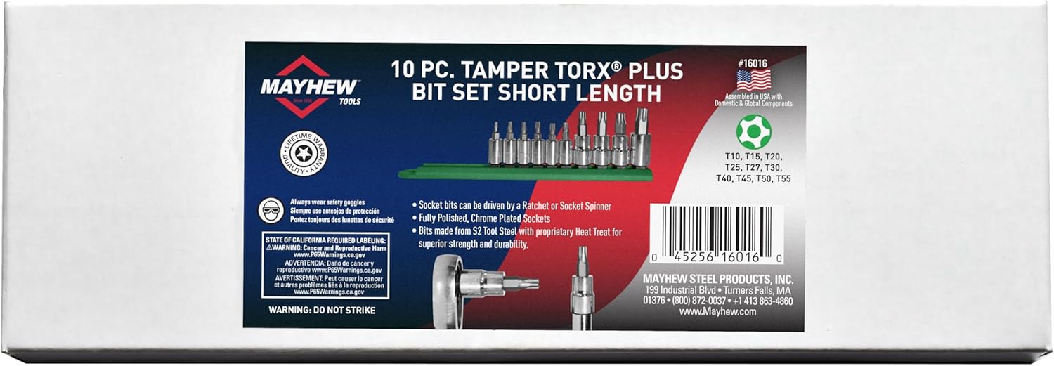 Mayhew Tools 16016 Tamper-proof Torx Plus Socket Bit Set, Chrome Plated, 10-Piece Polished Chrome