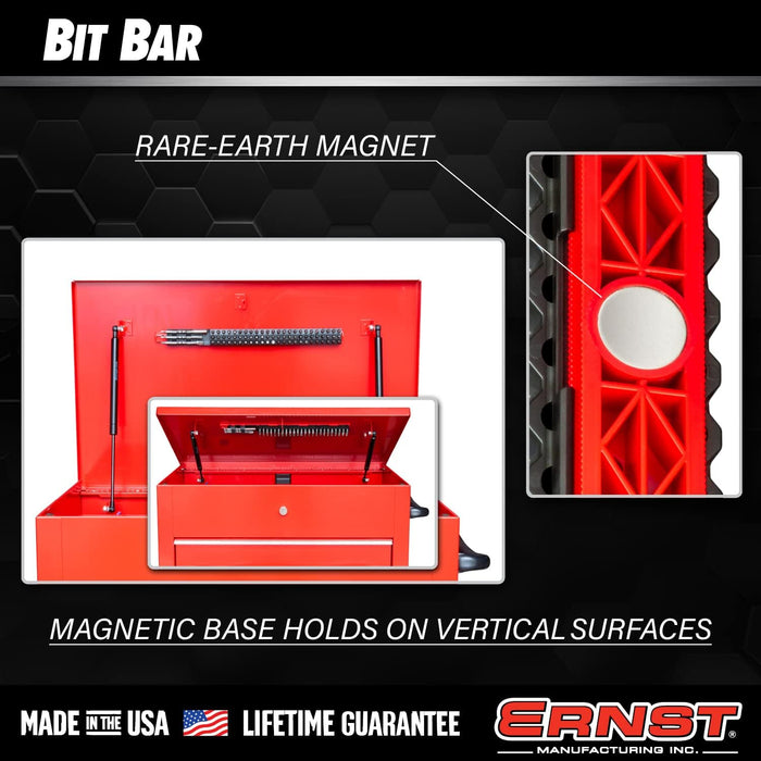 Ernst Manufacturing 72 Tool Magnetic Bit Bar, 1/4" Hex Bit Organizer with Magnetic Base, Screwdriver Bit Tray - Red/Black