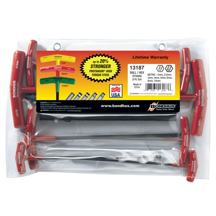 Bondhus 13187 Set of 8 Balldriver and Hex T-handles, Sizes 2-10mm