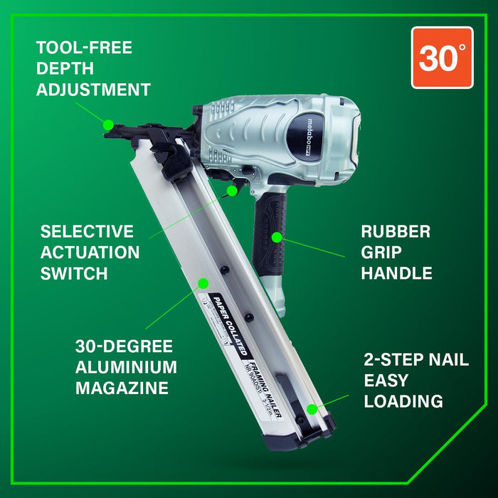 Metabo HPT (NR90ADS1M) Framing Nailer, Pro-Preferred Framing Tool For Flooring, Truss Build-Up, Roof Decking, and Housing Construction, Quick Switch Nailing, 3-1/2" 30° Paper Collated Nails