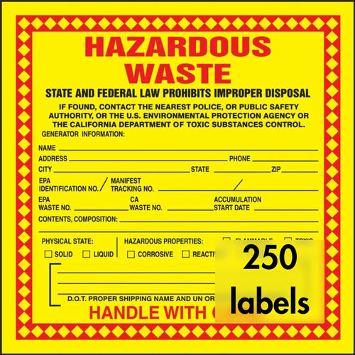 Accuform MHZWCAEVL Hazardous Waste Labels for California Hazmat Containers, Adhesive-Poly Vinyl Write-On Stickers, "State and Federal Laws Prohibit Improper Disposal", 6" x 6" (Pack of 250)