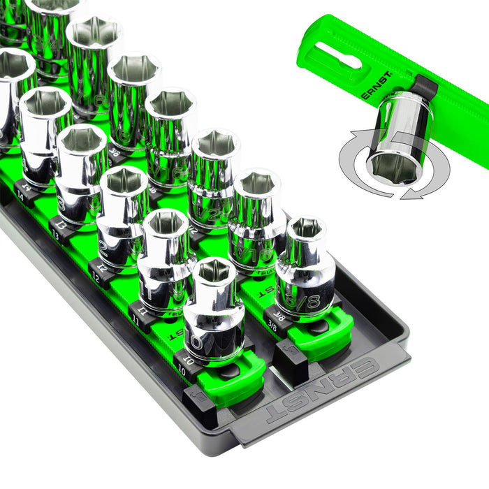 Ernst Manufacturing 8487 Socket Boss, 2 18-Inch Rails featuring Twist-Lock Secure Socket Holder and Drawer Tray, Fits 1/2 Inch Drive Sockets, Green - Made in USA