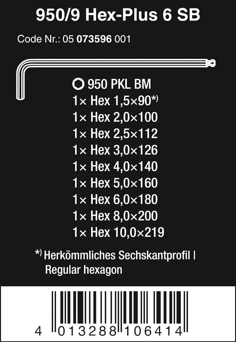 Wera 5073596001 Hexagon 950 PKL/9 BM SB L-Key Set, BlackLaser, Ballpoint Hex Key, 9 Piece