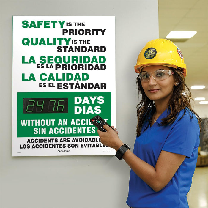 Accuform SBSCK117 Digi-Day Spanish Bilingual Electronic Safety Scoreboard, Track Days We Worked Without A Lost Time Accident, Aluminum 28”L x 20”W x 1”D, Bright LED Display with Remote