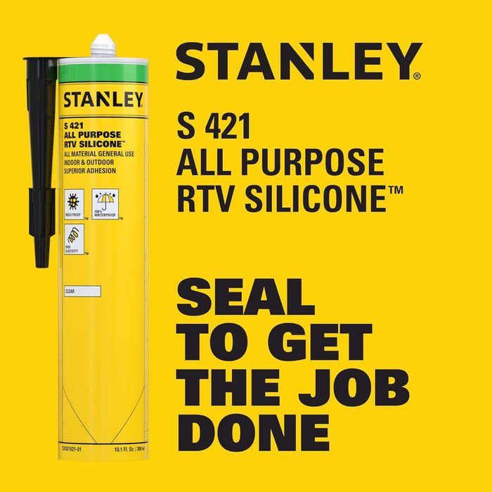 Stanley S421 All-Purpose RTV Silicone Sealant, 100% Waterproof Clear Caulk, Industrial-Grade Silicone for Kitchen, Bathroom, Shower, Window, Door, Indoor & Outdoor Use, 10.1 fl.oz. (Pack of 2)