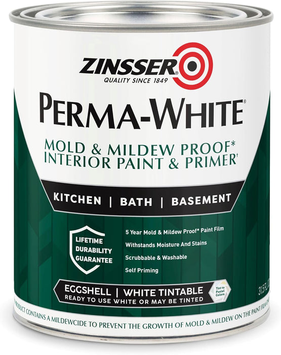 Zinsser 02774 PERMA-WHITE Mold & Mildew Proof Interior Paint, Quart, Eggshell White