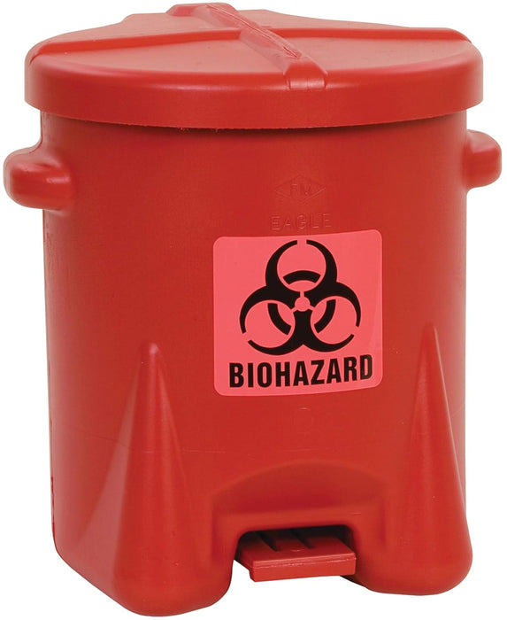 Eagle 6 Gallon Biohazard Trash Can with Foot-Operated Self-Closing Lid, 16.5" x 13.5" x 16", Made in The USA from High-Density Polyethylene, Red, 943BIO