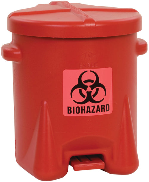 Eagle 6 Gallon Biohazard Trash Can with Foot-Operated Self-Closing Lid, 16.5" x 13.5" x 16", Made in The USA from High-Density Polyethylene, Red, 943BIO
