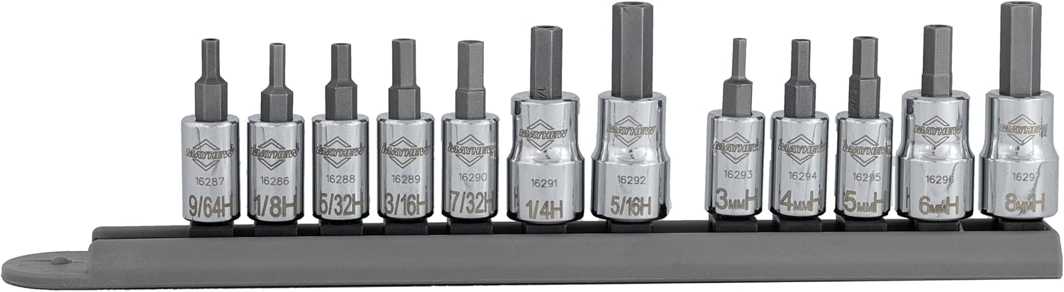 Mayhew Tools 16021 SAE and Metric Tamper Hex Socket Bit Set, Chrome Plated, 12-Piece Polished Chrome 12-Piece SAE/MM Tamperproof Hex