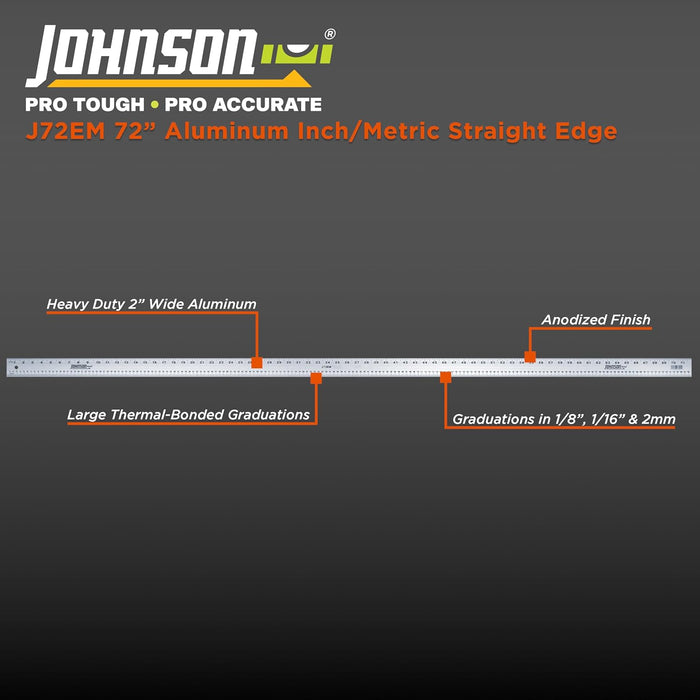 Johnson J72EM Inch/Metric Aluminum Straight Edge, 72", Silver