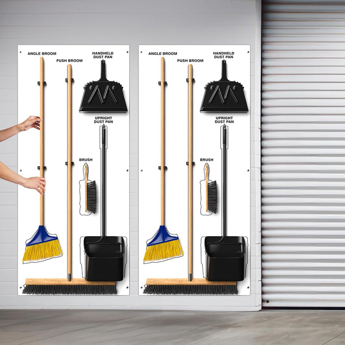 Clean & Sweep 5S Shadow Board/Wall Mount Broom Holder, 68" x 30" Board, 5S Cleaning Station - with Broom and Dustpan Set Included, PSB616WTWT White/White Max-Duty Aluminum