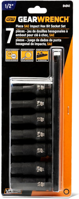 GEARWRENCH 84941 1/2" Drive Hex Bit Impact SAE Socket Set, 7 Piece