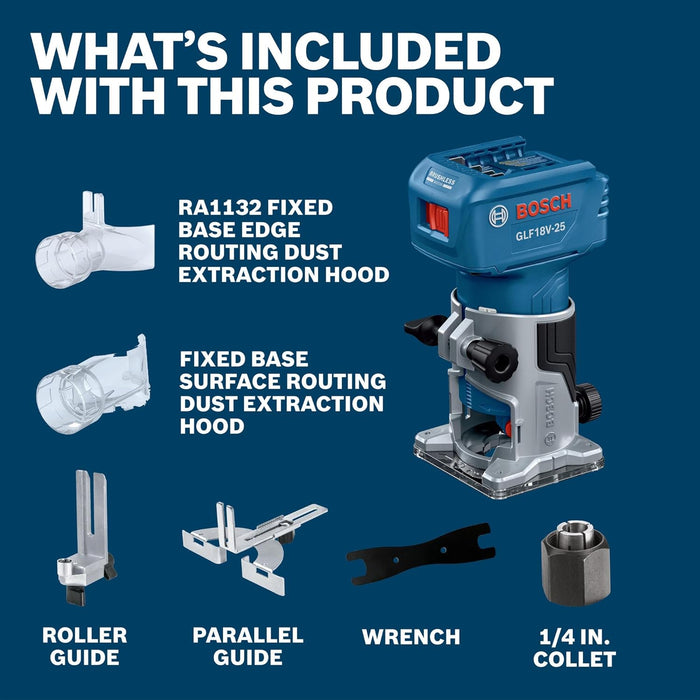 BOSCH GLF18V-25N 18V Laminate Trim Router - Powerful Brushless Motor, 10,000-30,000 RPM, Lightweight, Ergonomic, Enhanced Dust Extraction, Quick Depth Adjustments for Precise Trimming