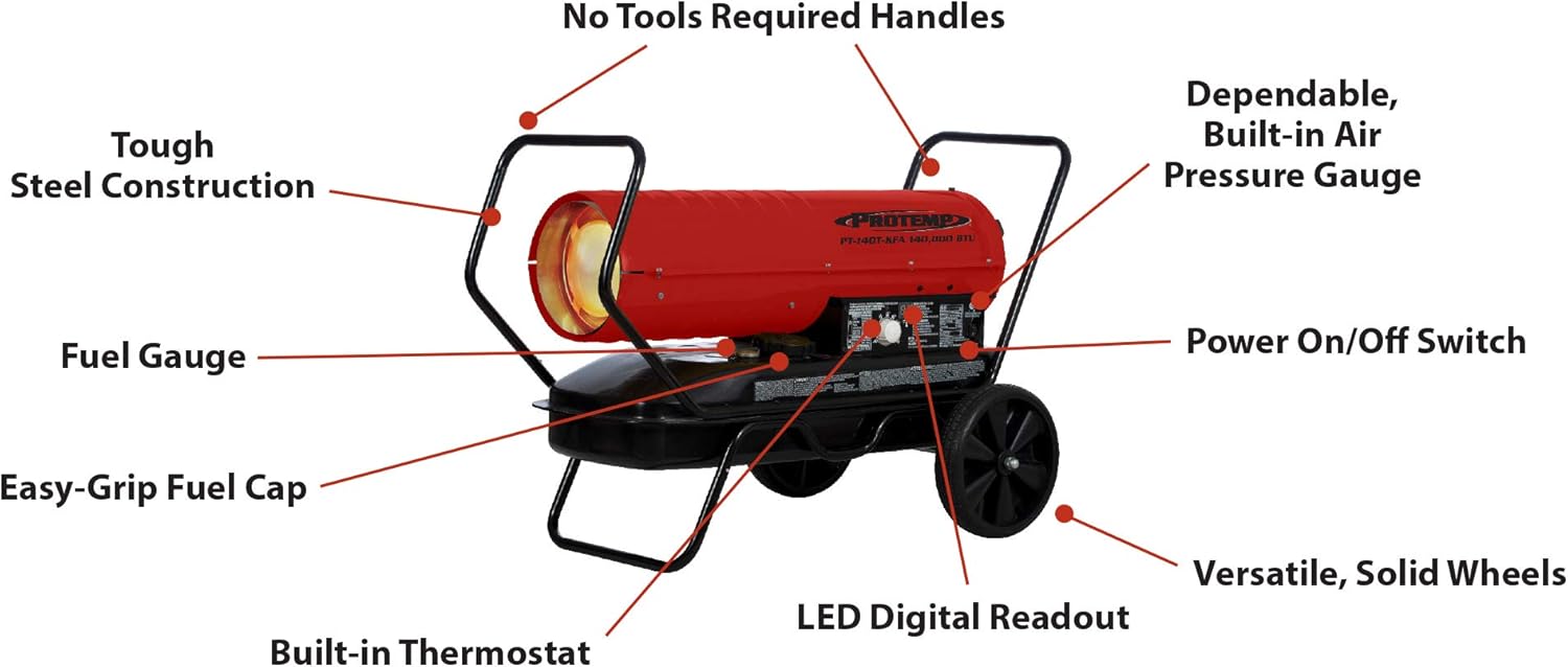 ProTemp PT-140T-KFA 140,000 BTU Kerosene/Diesel Forced Air Torpedo Heater, For Warehouses, Construction, and Workshops