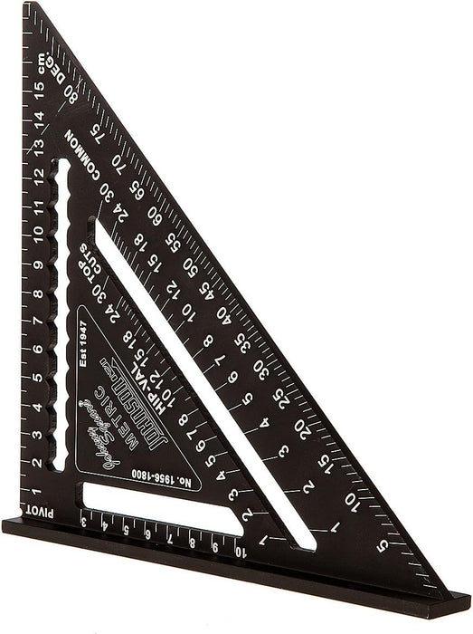 Johnson 1956-1800 Metric Johnny Square Professional Easy-Read Aluminum Rafter Square, 18cm, Black, 1 Square 18cm Metric