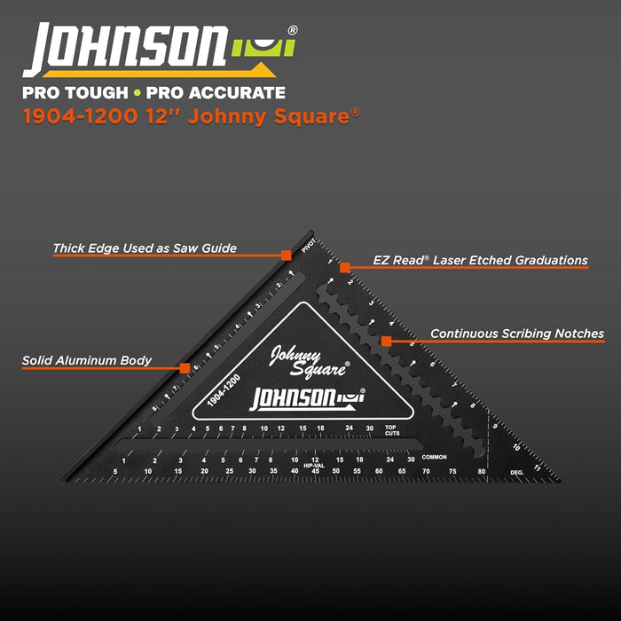 Johnson Level & Tool 1904-1200 Johnny Square Professional Easy-Read Aluminum Rafter Square, 12", Black