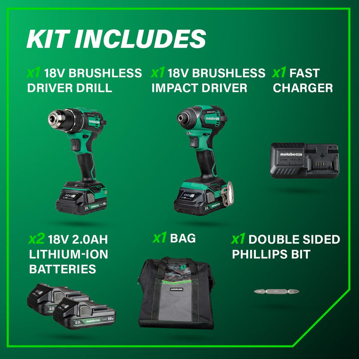 Metabo HPT 18V MultiVolt Cordless Brushless Driver Drill & Impact Driver Combo Kit, Power Tool Kit, 2 Lithium-Ion Metabo HPT Batteries and Charger, High Torque, Compact Lightweight Design, KC18DEXQB KC18DEXQB Only