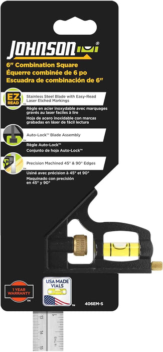 Johnson 406EM-S Heavy Duty Professional Inch/Metric Metal Combination Square, 6"