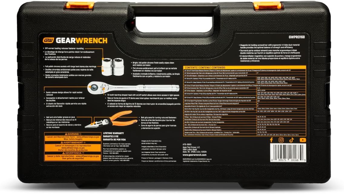 GEARWRENCH GWPRO168 168 Piece 1/4" & 3/8" Drive 72-Tooth 6 Point Professional Tool Set
