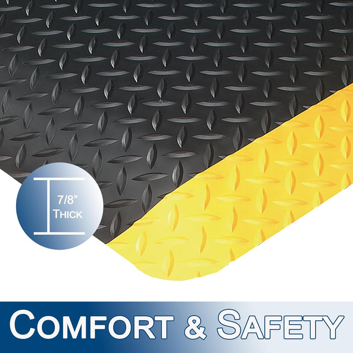 Vinyl Heavy Duty Diamond-Dek Sponge Industrial Anti-Fatigue Floor Mat, 3' x 5', Black with Yellow Border 3' x 5' Solid