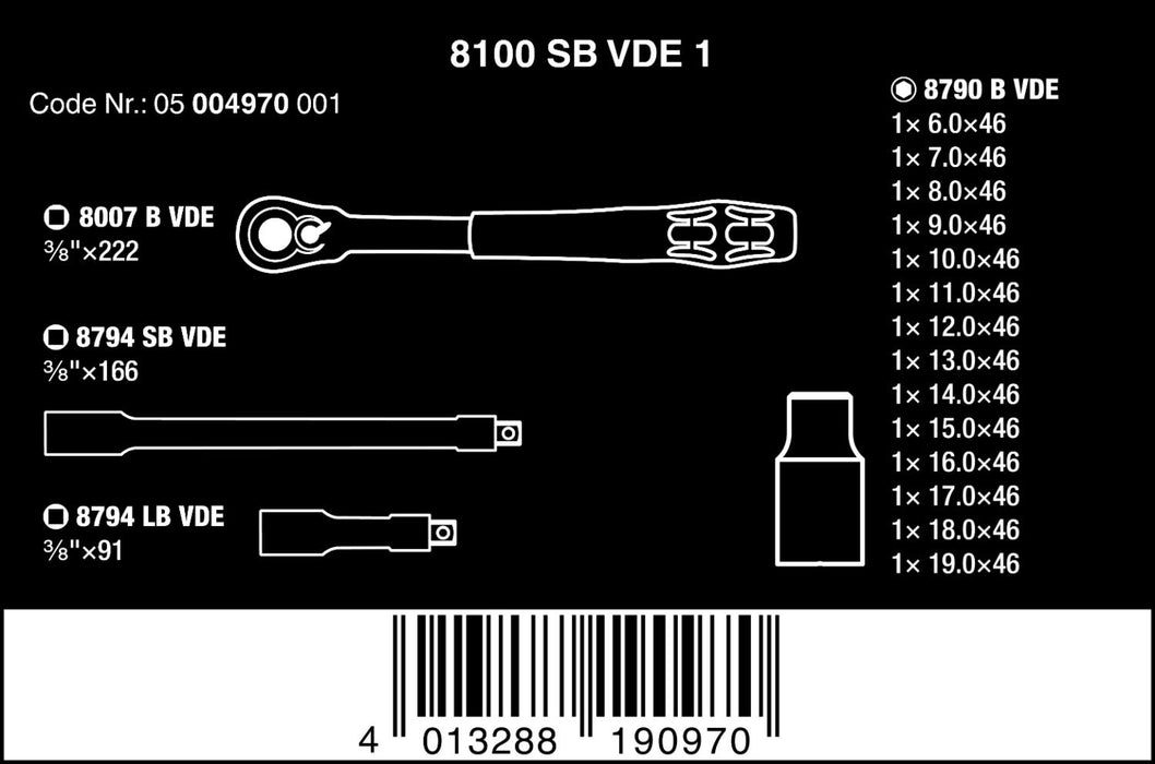 Wera Tools 17 Piece 8100 SB VDE 1 Zyklop Ratchet Set, Insulated, Switch Lever, 3/8" Drive, Metric - 05004970001