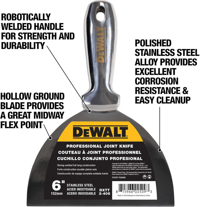 DEWALT 6" Stainless Steel Grout Knife - High Quality Polished Metal Blade - (2-406)